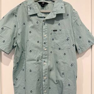 Volcom Mint Green Short Sleeve Button-Up with Navy Droplet Print